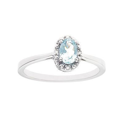 Sterling Silver Oval Aquamarine Diamond accent Frame Ring 7