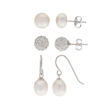 PearLustre by Imperial Sterling Silver Freshwater Cultured Pearl & Crystal 3 Pair Earring Set