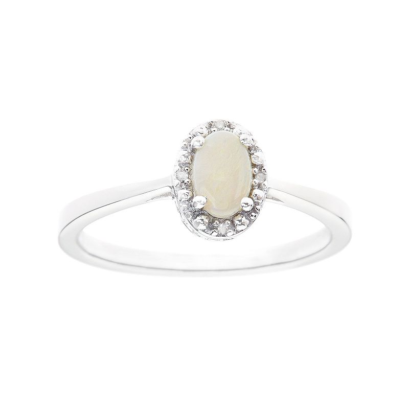 Sterling Silver Opal & Diamond Accent Oval Halo Ring, Womens, Size: 5, Whi