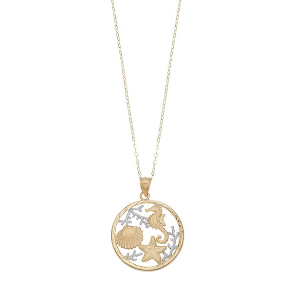 Two Tone 10k Gold Sealife Pendant Necklace
