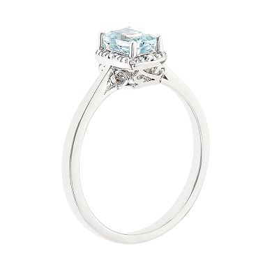 Celebration Gems Sterling Silver Aquamarine & Diamond Accent Rectangle Halo Ring