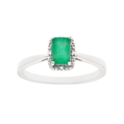 Sterling Silver Emerald & Diamond Accent Rectangle Halo Ring