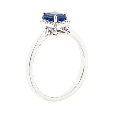 Celebration Gems Sterling Silver Sapphire & Diamond Accent Rectangle Halo Ring