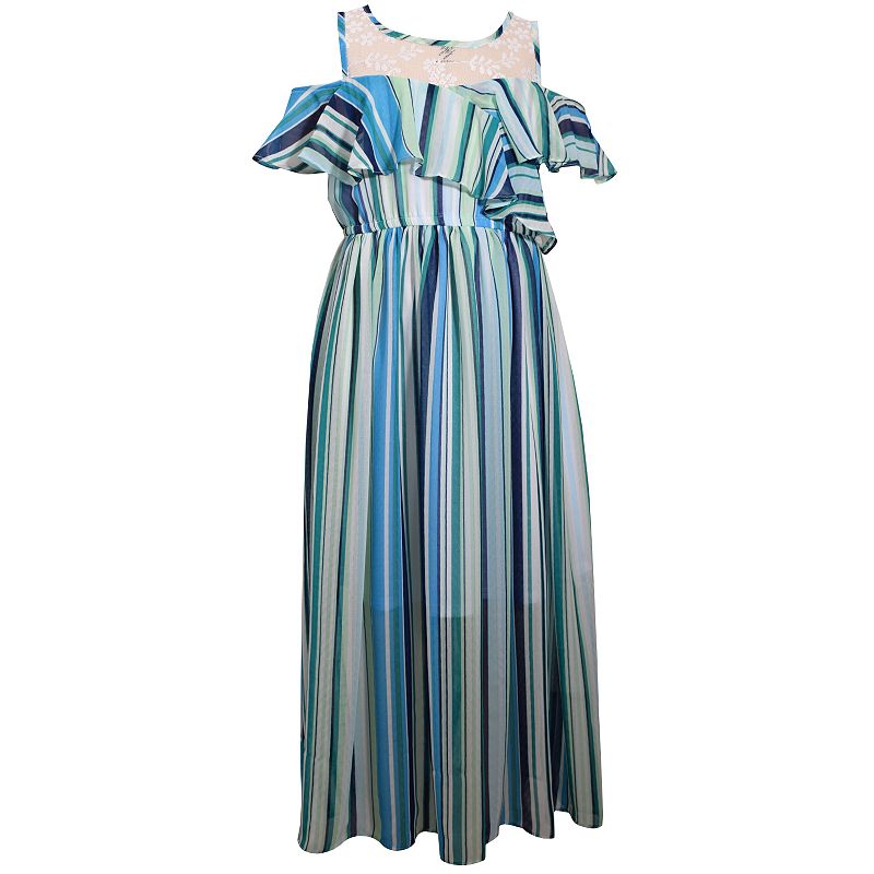 UPC 191539137579 product image for Girls 7-16 Bonnie Jean Cold Shoulder Ruffled Striped Maxi Dress, Size: 8, Blue | upcitemdb.com