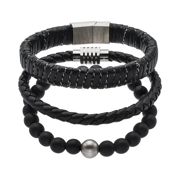 3 Piece Black Leather Bracelet Set, Black Leather Jewelry