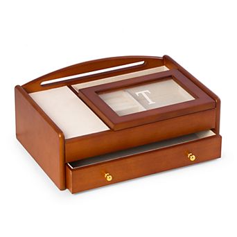 Bey-Berk Light Brown Wood Initial Monogram Tablet & Phone Valet