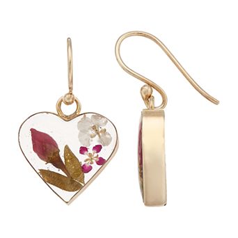 Athra NJ Inc 24k Gold Over Silver Pressed Flower Heart Drop Earrings
