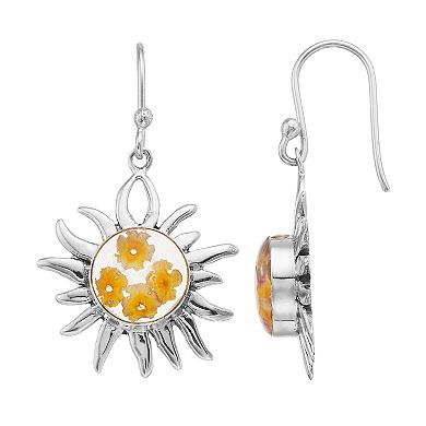 Sterling Silver Pressed Flower Sun Drop Earrings