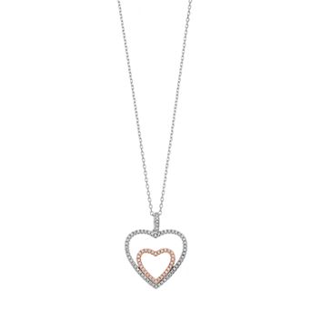 Argento Bella Two Tone Sterling Silver Cubic Zirconia Double Heart Pendant Necklace