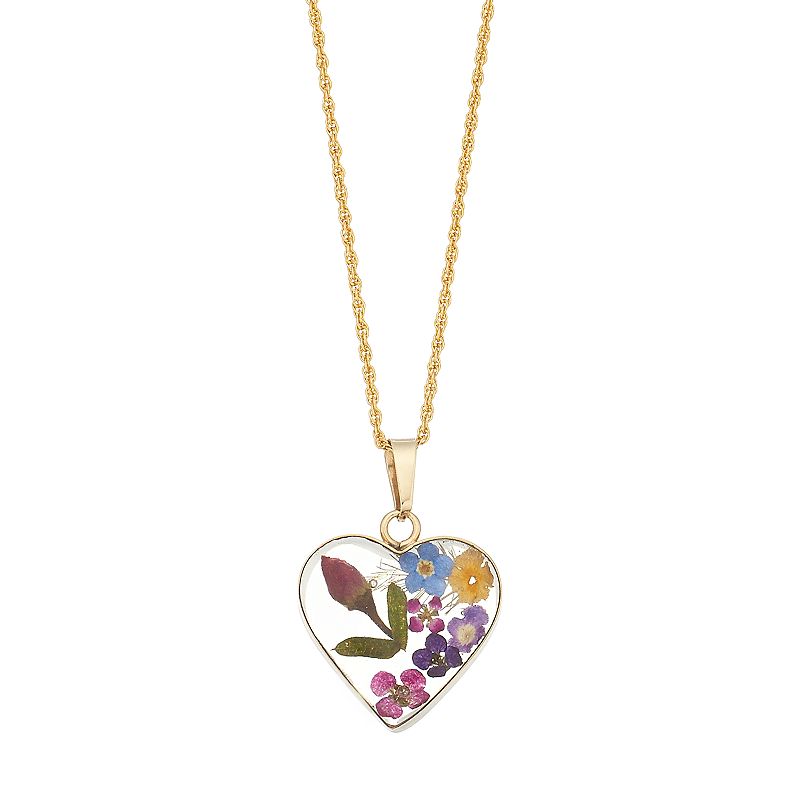 24k Gold Over Silver Pressed Flower Heart Pendant Necklace, Womens, Size: