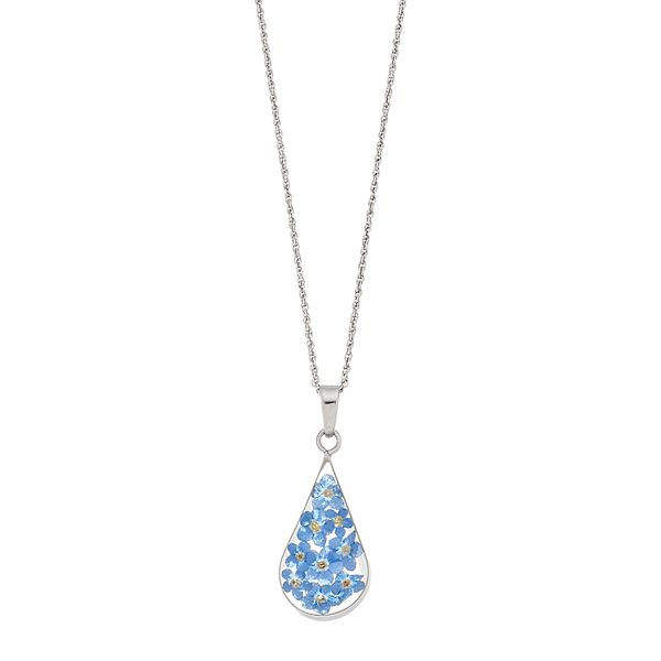 Sterling Silver Pressed Blue Flower Teardrop Pendant Necklace