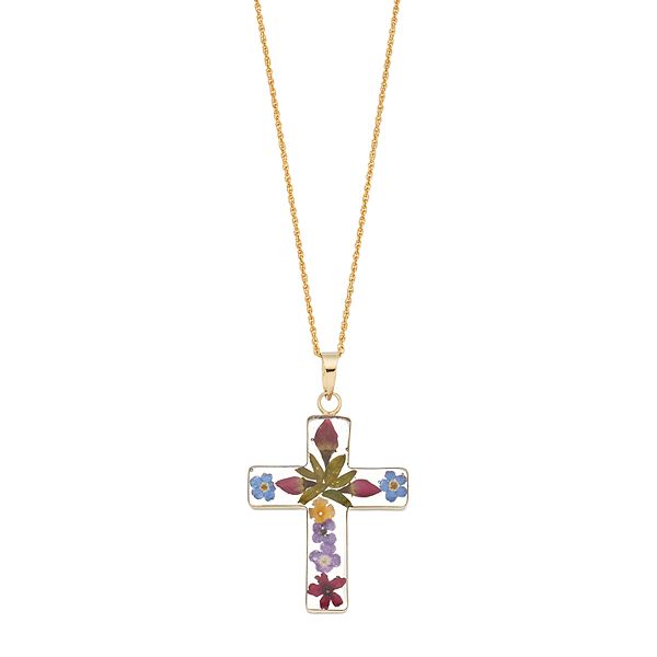 10k White and Yellow Two-tone Gold Cross Pendant with Fleuree and Flower Center