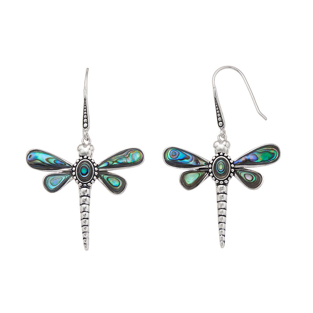 Sterling Silver Abalone Dragonfly Drop Earrings