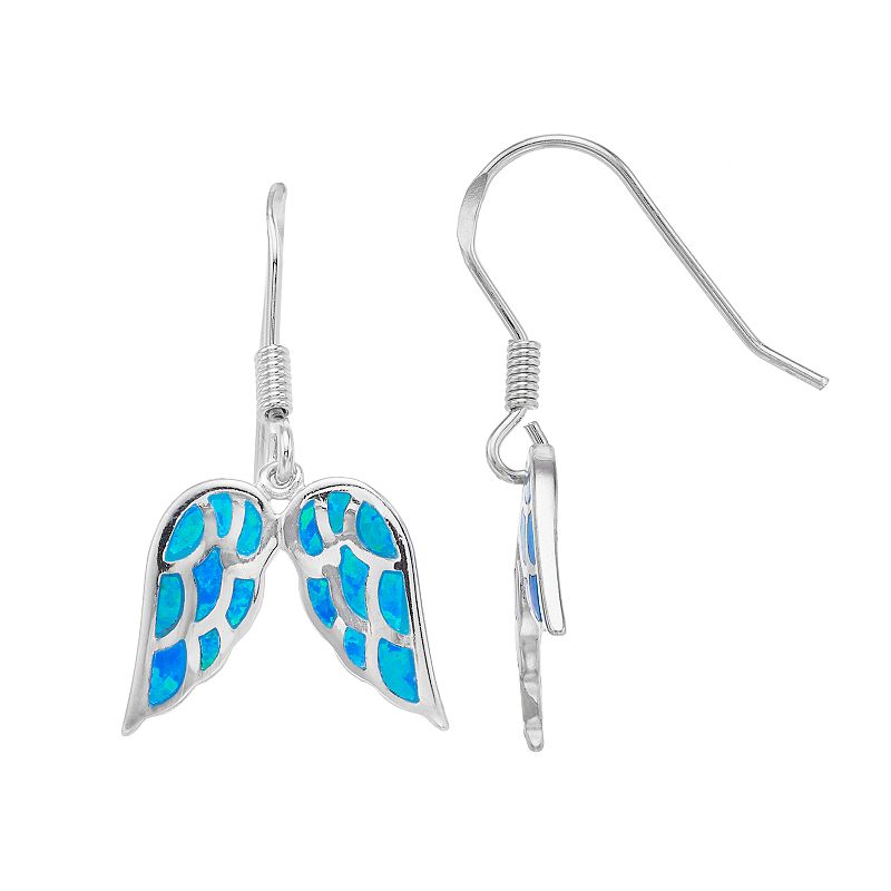 Sterling Silver Lab-Created Blue Opal Angel Wing Earrings, Womens