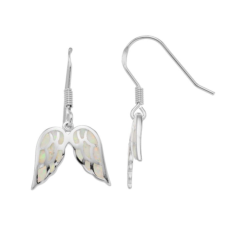 Sterling Silver Lab-Created White Opal Angel Wing Earrings, Womens