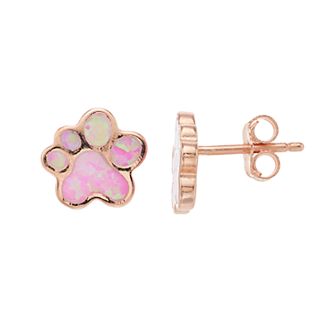 14k Rose Gold Over Silver Lab-Created Pink Opal Paw Print Stud Earrings