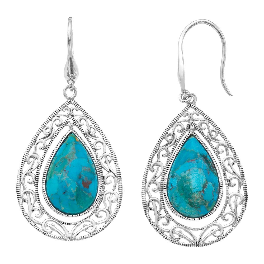 Silver, Leather and Turquoise Teardrop Earrings