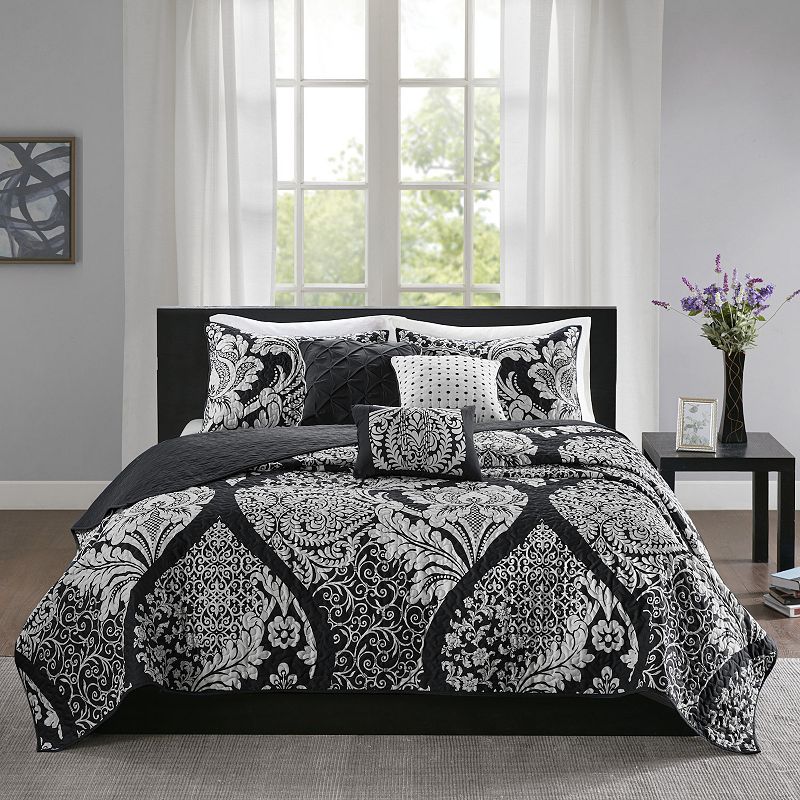 Madison Park Marcella 6-Piece Quilt Set with Shams and Throw Pillows, Black