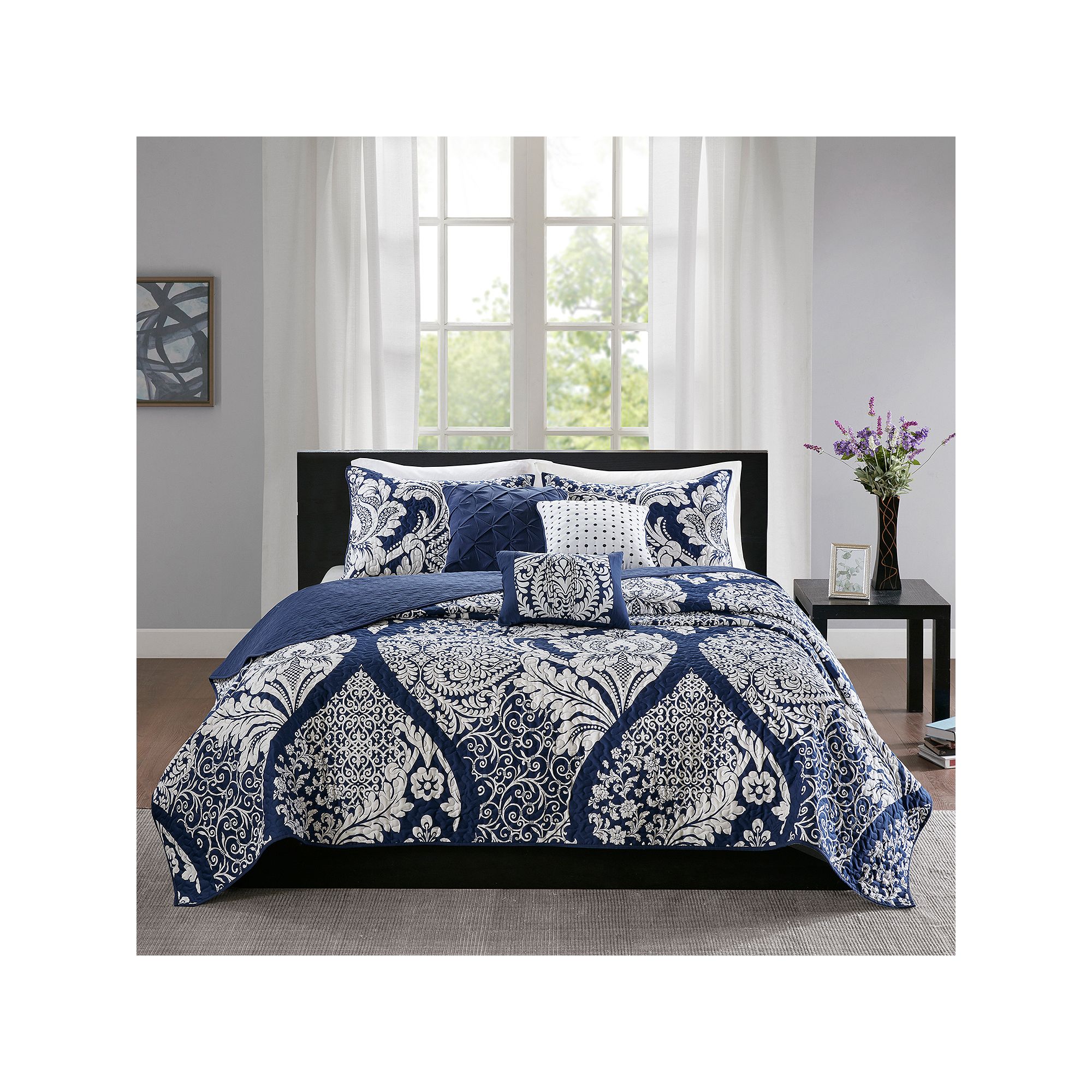 Madison Park Marcella 6-Piece Quilt Set with Shams and Throw Pillows, Blue