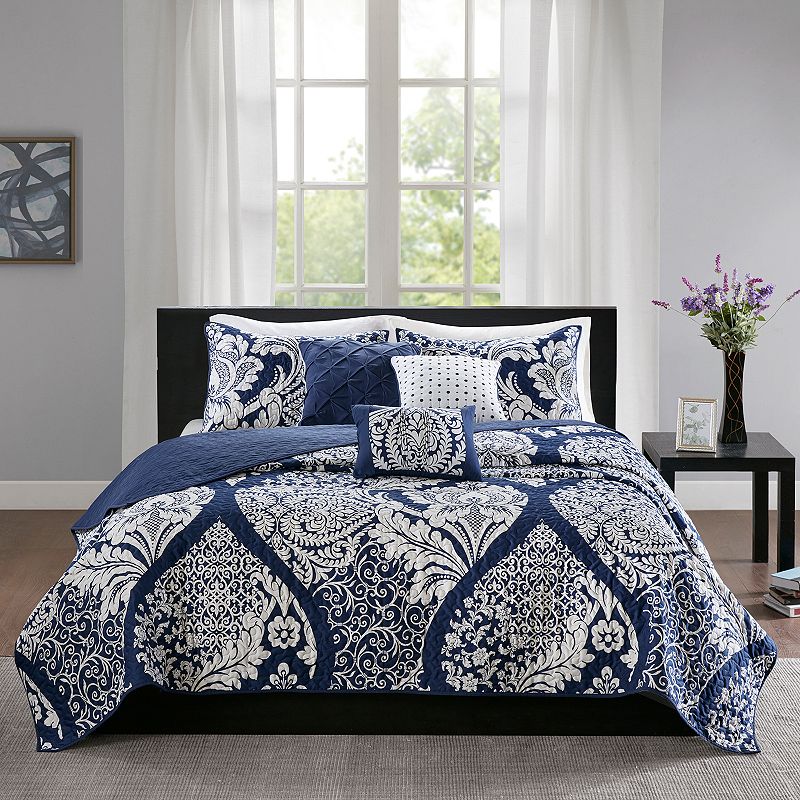 Madison Park Marcella 6-Piece Quilt Set with Shams and Throw Pillows, Blue,