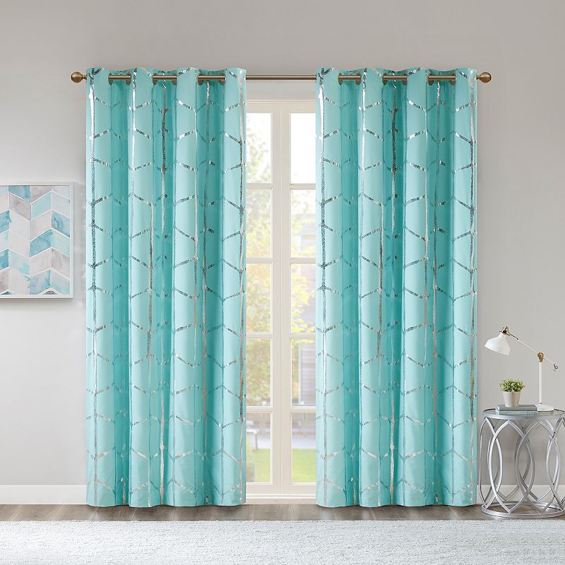 Intelligent Design Raina Total Blackout Metallic Print Grommet Top Window Curtain Panel in Aqua/Silver  50 x84