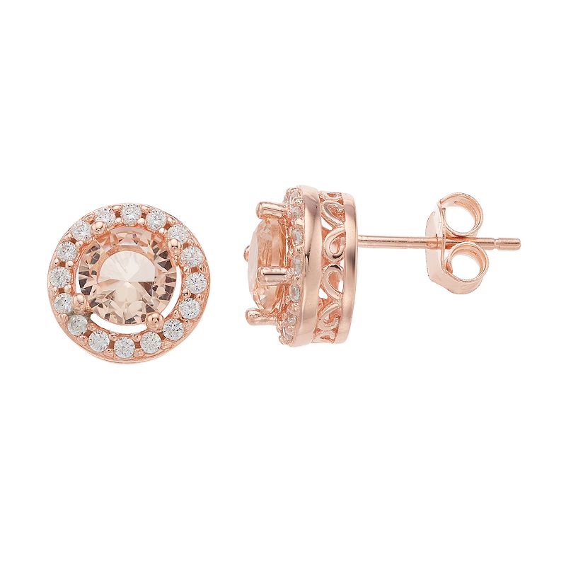 14k Rose Gold Over Silver Pink & White Cubic Zirconia Halo Stud Earrings, W