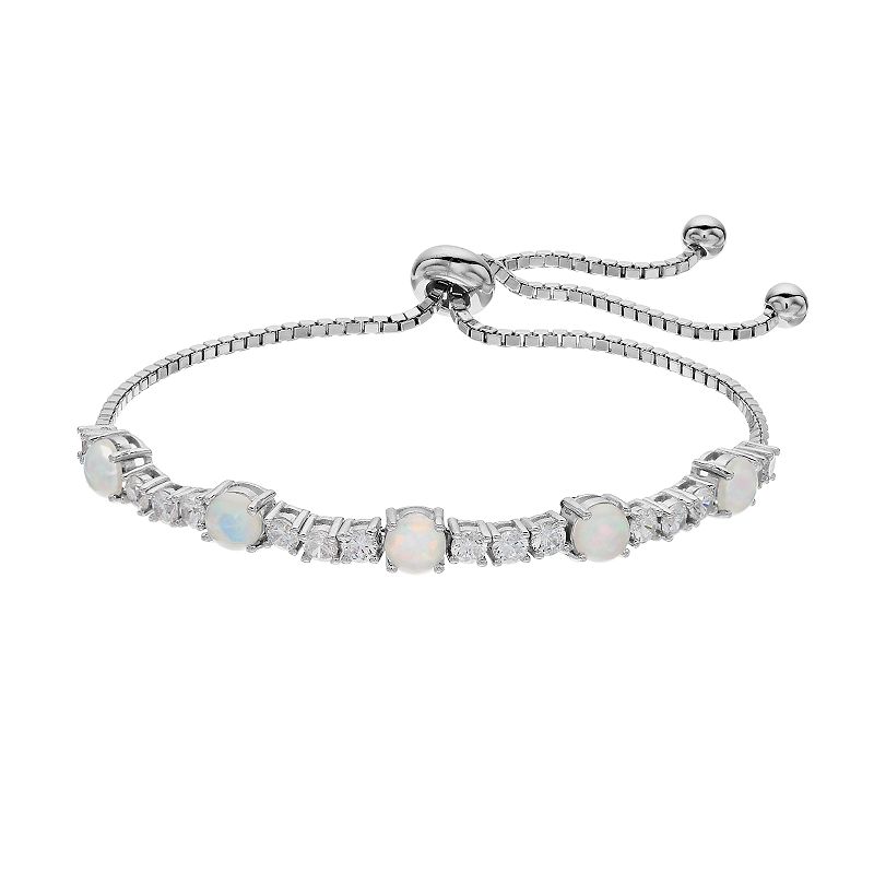 Sterling Silver Lab-Created Opal Bolo Bracelet, Womens, White