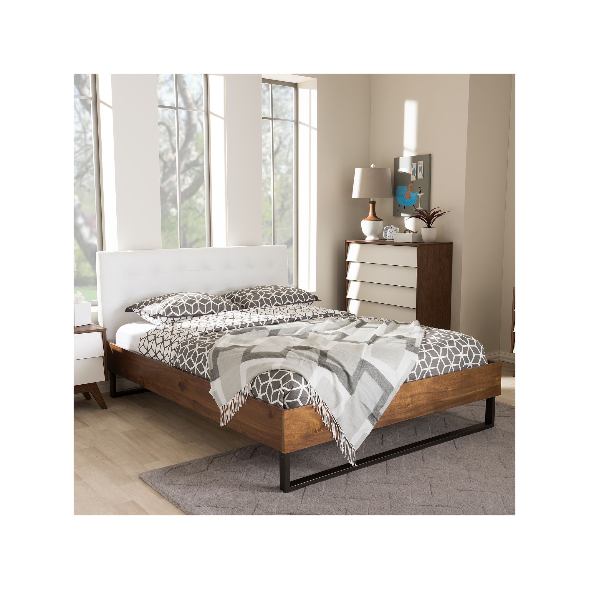 Baxton Studio Mitchell Industrial Platform Bed, White Faux Leather