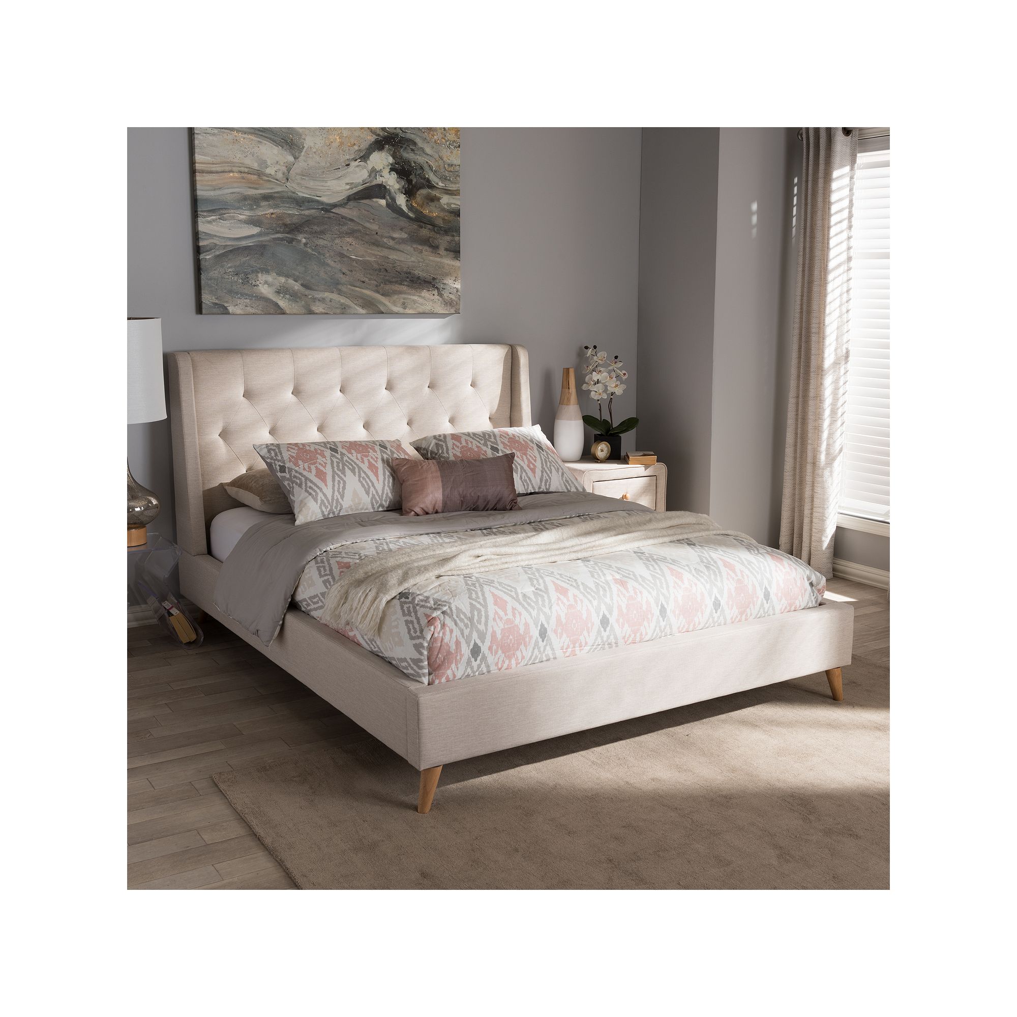 Baxton Studio Adelaide Tufted Platform Bed, Light Beige