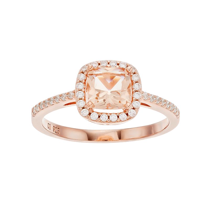14k Rose Gold Over Silver Simulated Morganite & Cubic Zirconia Square Halo 