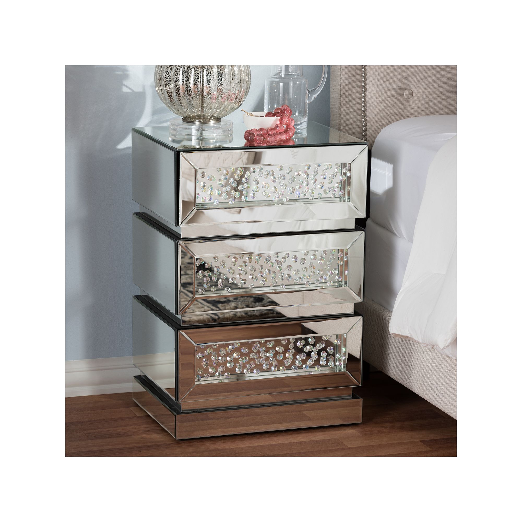 Baxton Studio Sabrina Mirrored Nightstand, Silver