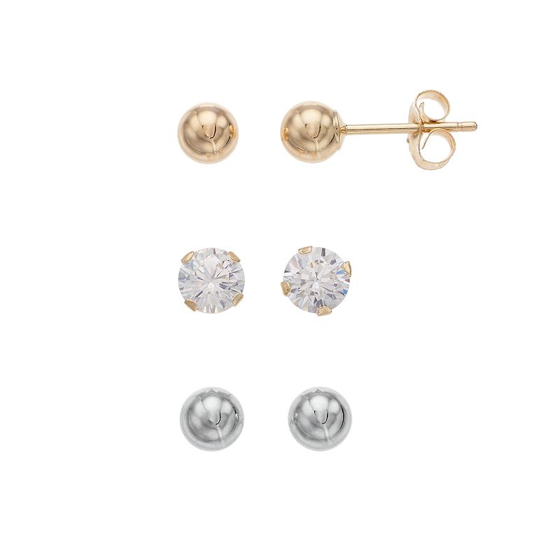 Forever 14K Two Tone Ball & Cubic Zirconia Stud Earring Set, Womens, Gold