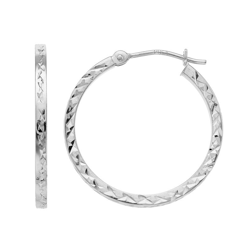 Forever 14K White Gold Textured Hoop Earrings, Womens - 54148699 - Jewelry Shimmering diamond-cut details lend eye-catching s sku 54148699