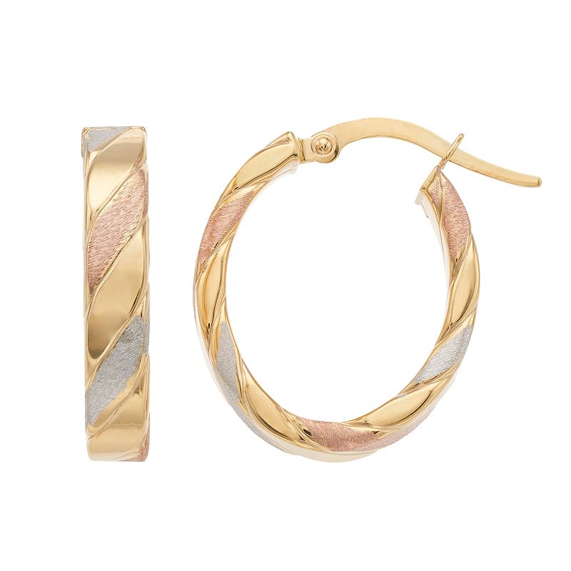 Forever 14K Tri Tone Striped Oval Hoop Earrings, Womens, Gold