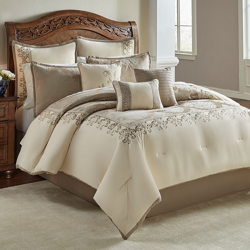 9 piece King Hillcrest Comforter Set Ivory & Gold - Riverbrook Home: Polyester, Embroidered, Machine Washable