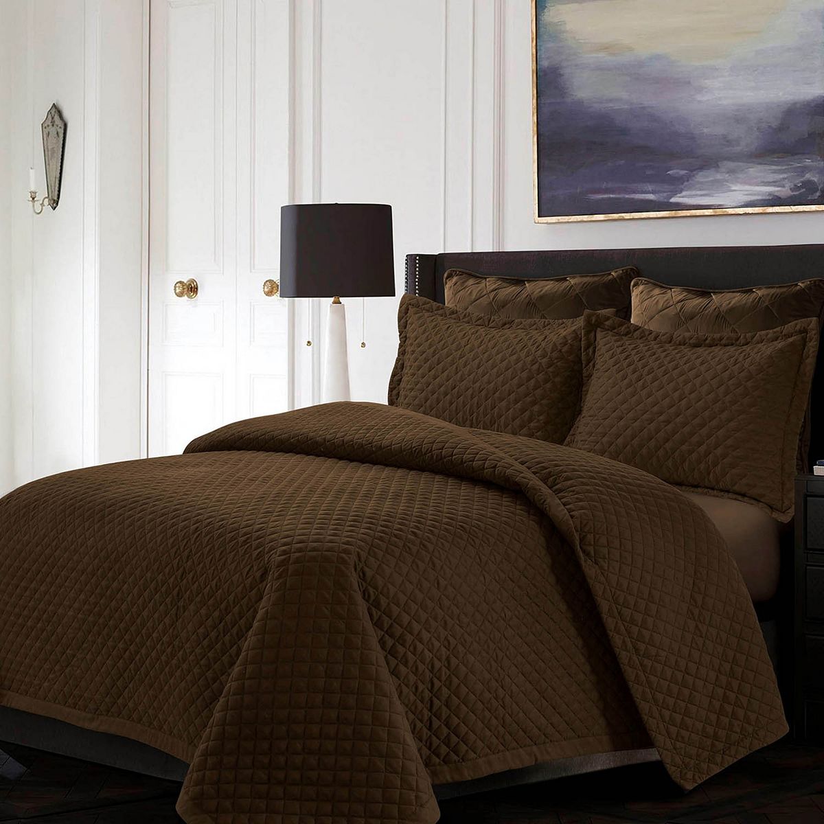 Tribeca Living Brisbane Solid Oversized Diamond Quilt Set - Chocolate, FULL/QUEEN