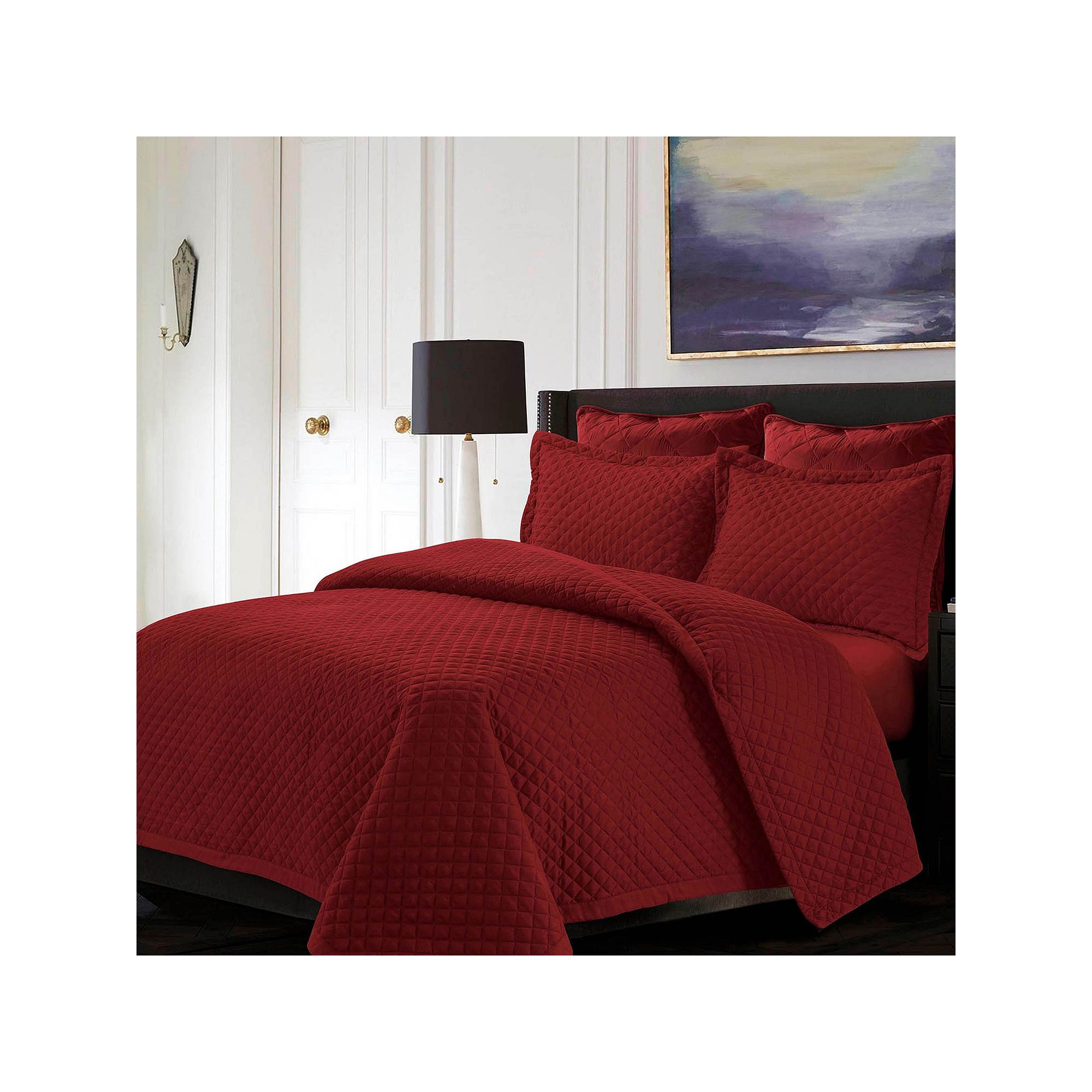 Tribeca Living Brisbane Solid Oversized Diamond Quilt Set, Deep Red
