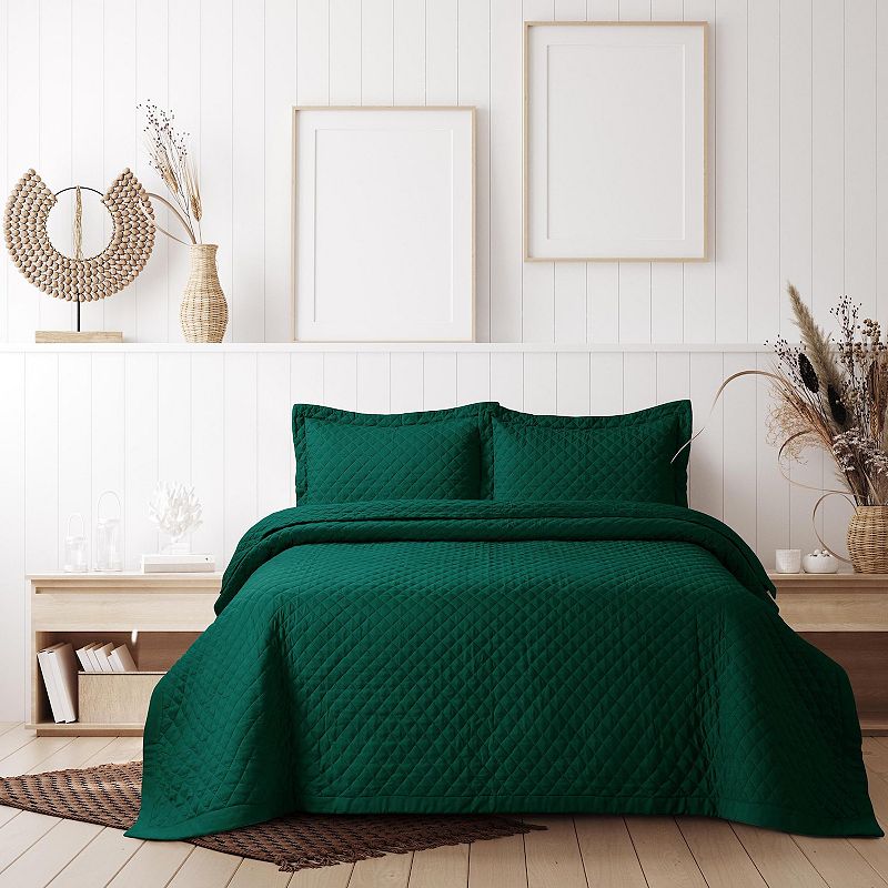 Tribeca Living Brisbane Solid Oversized Diamond Quilt Set, Dark Green, Quee