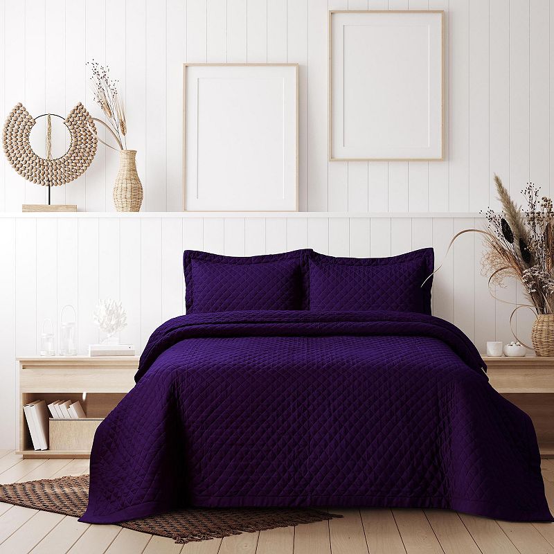 Tribeca Living Brisbane Solid Oversized Diamond Quilt Set, Drk Purple, Twin