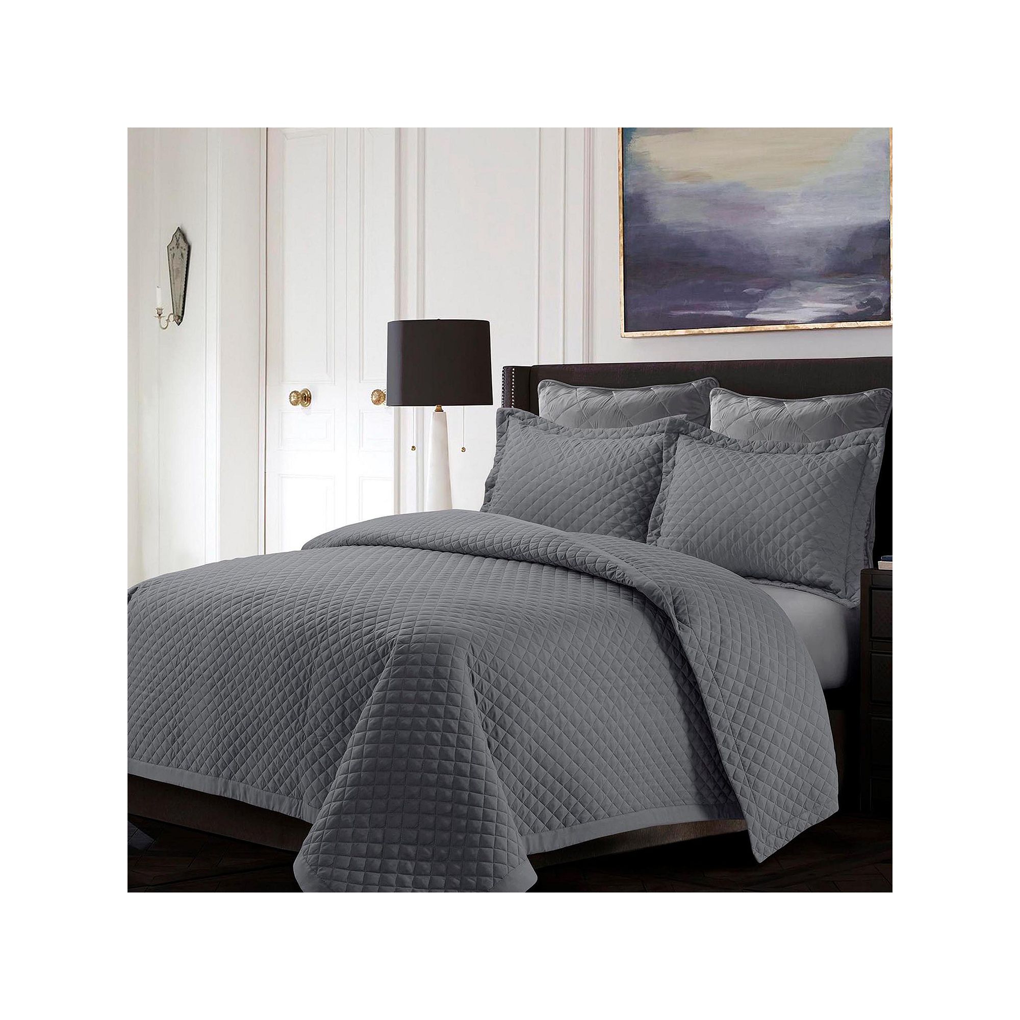 Tribeca Living Brisbane Solid Oversized Diamond Quilt Set, Gray