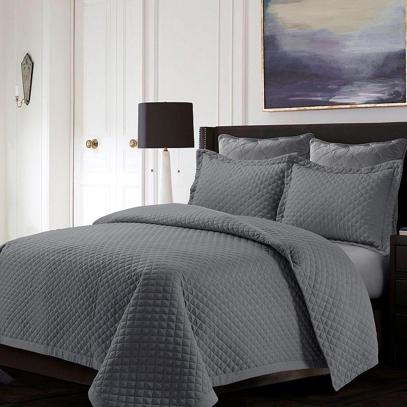 Tribeca Living Brisbane Solid Oversized Diamond Quilt Set, Med Grey, Twin