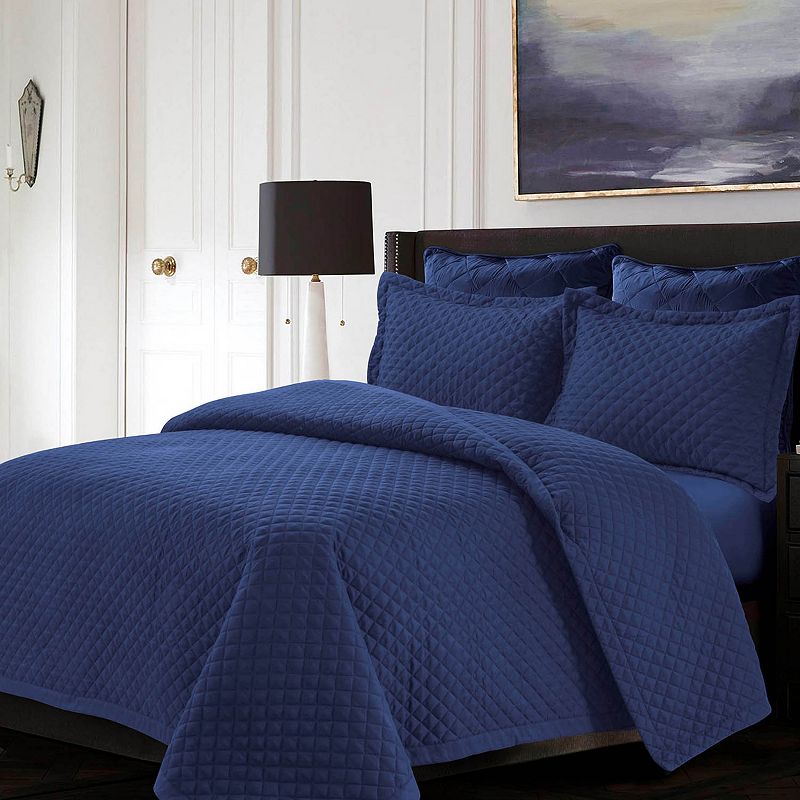 Tribeca Living Brisbane Solid Oversized Diamond Quilt Set, Blue, Full/Queen