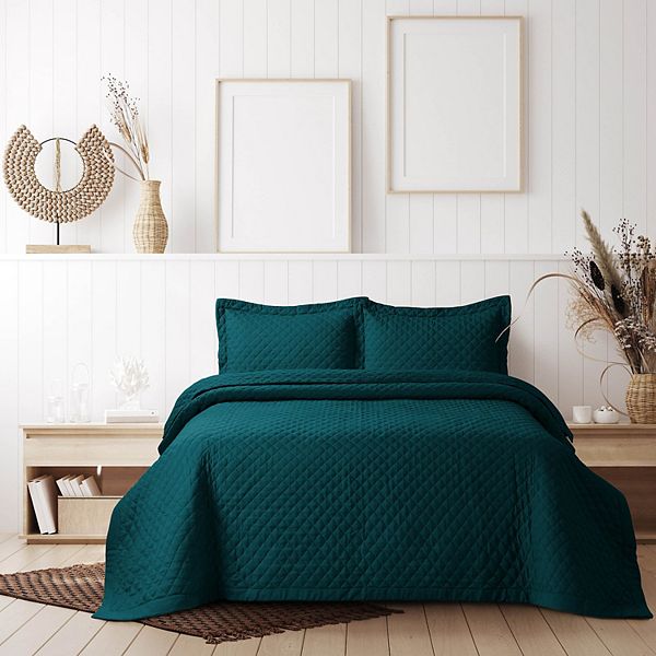 Queen Brisbane Oversized Diamond Quilt Set Dark Green - Tribeca Living