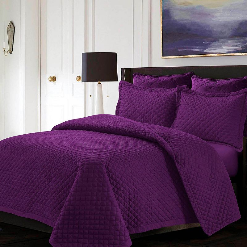 Tribeca Living Brisbane Solid Oversized Diamond Quilt Set, Drk Purple, Twin