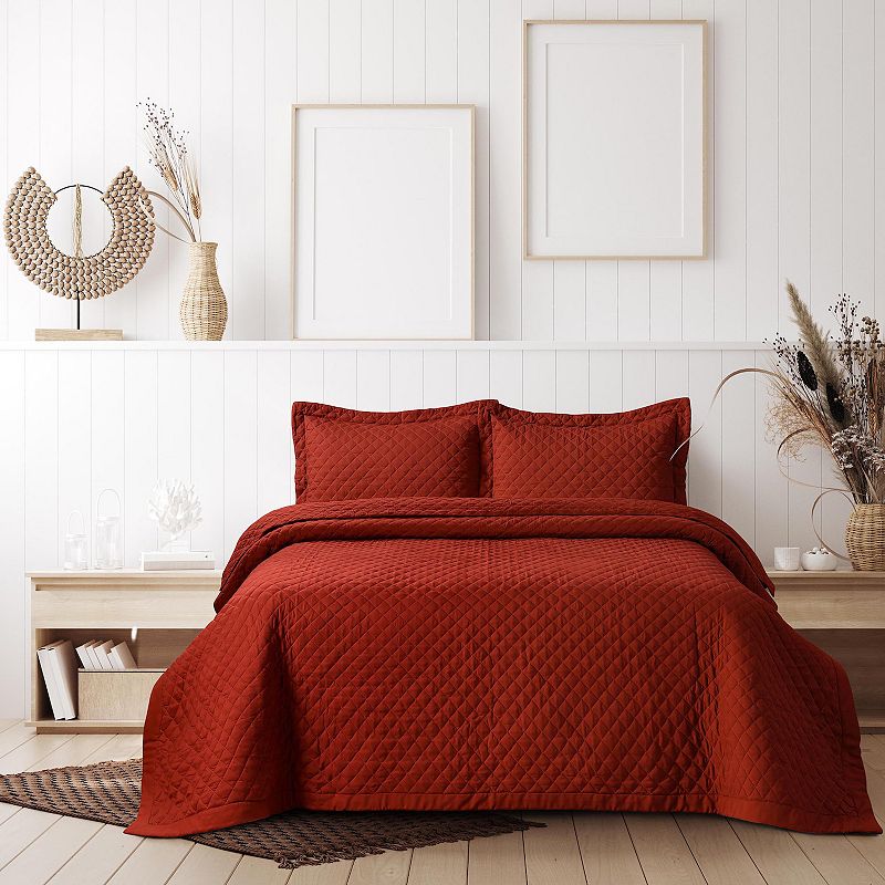 Tribeca Living Brisbane Solid Oversized Diamond Quilt Set, Red/Coppr, Queen