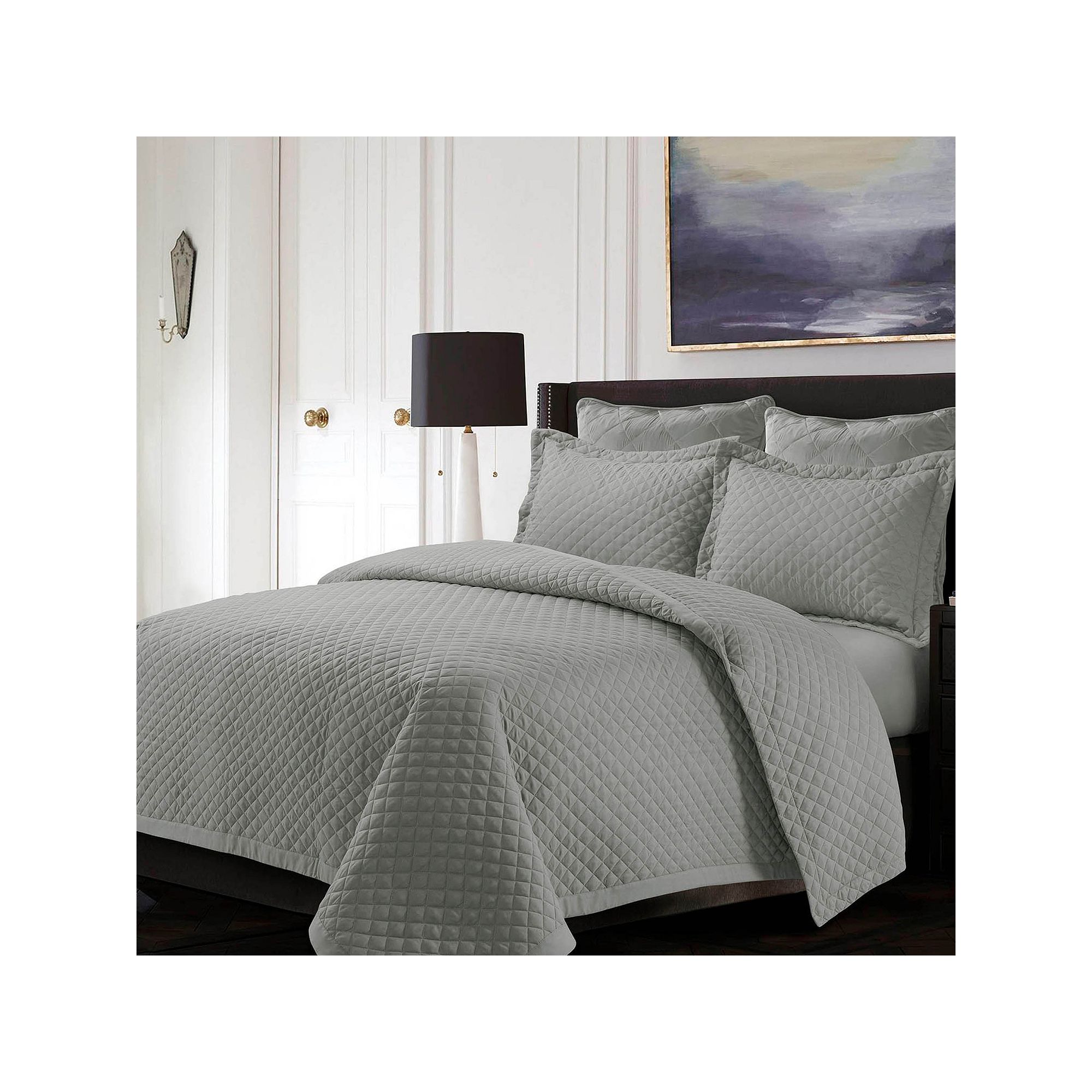 Tribeca Living Brisbane Solid Oversized Diamond Quilt Set, Silver Gray