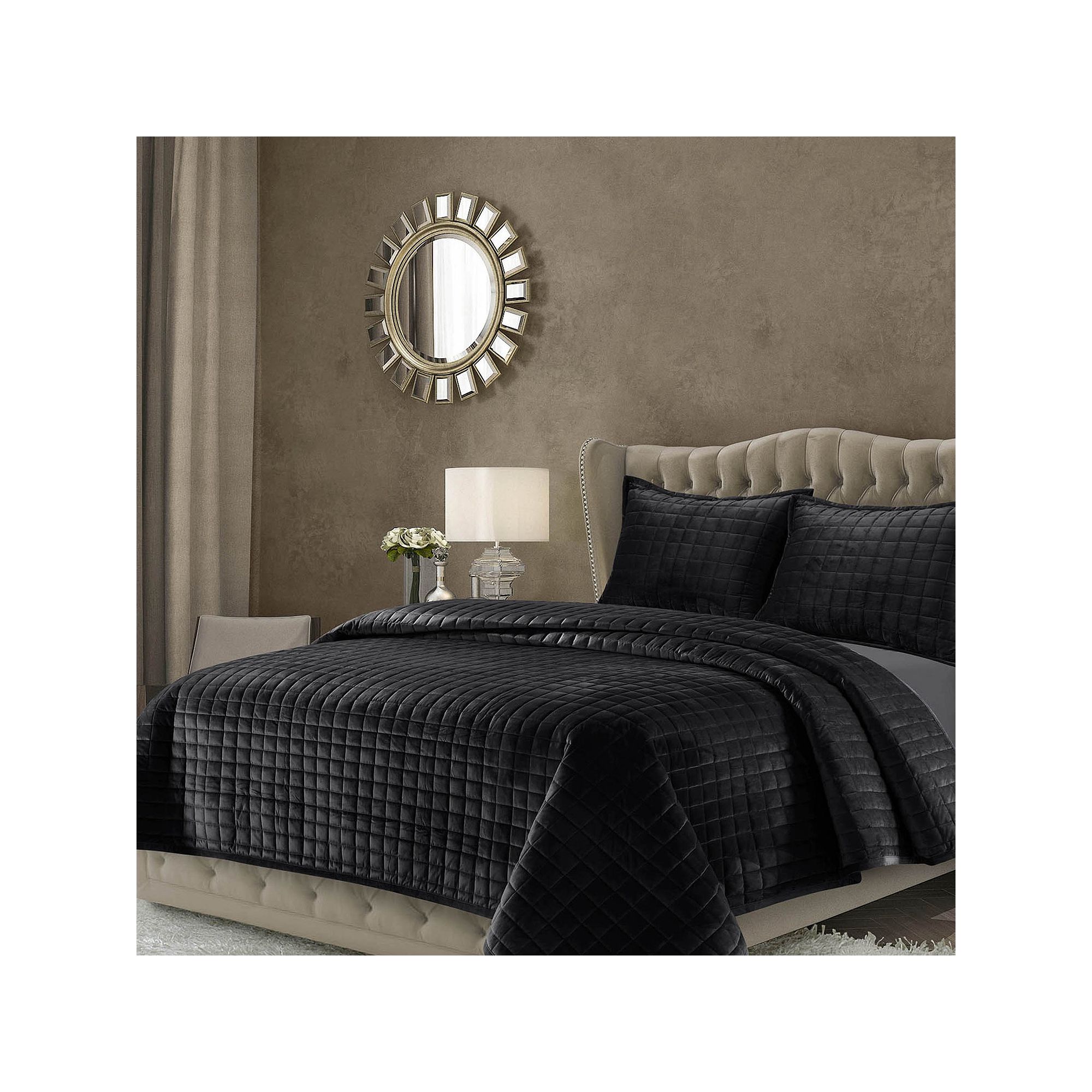 Tribeca Living Florence Velvet Oversized Solid Quilt Set, Black