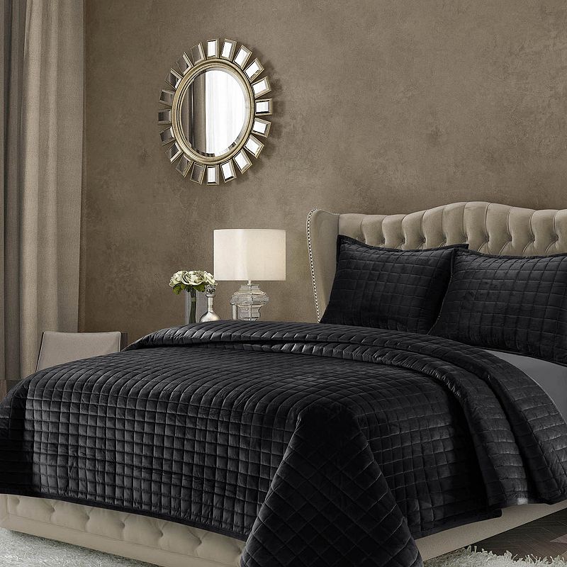 Tribeca Living Florence Velvet Oversized Solid Quilt Set, Black, Twin