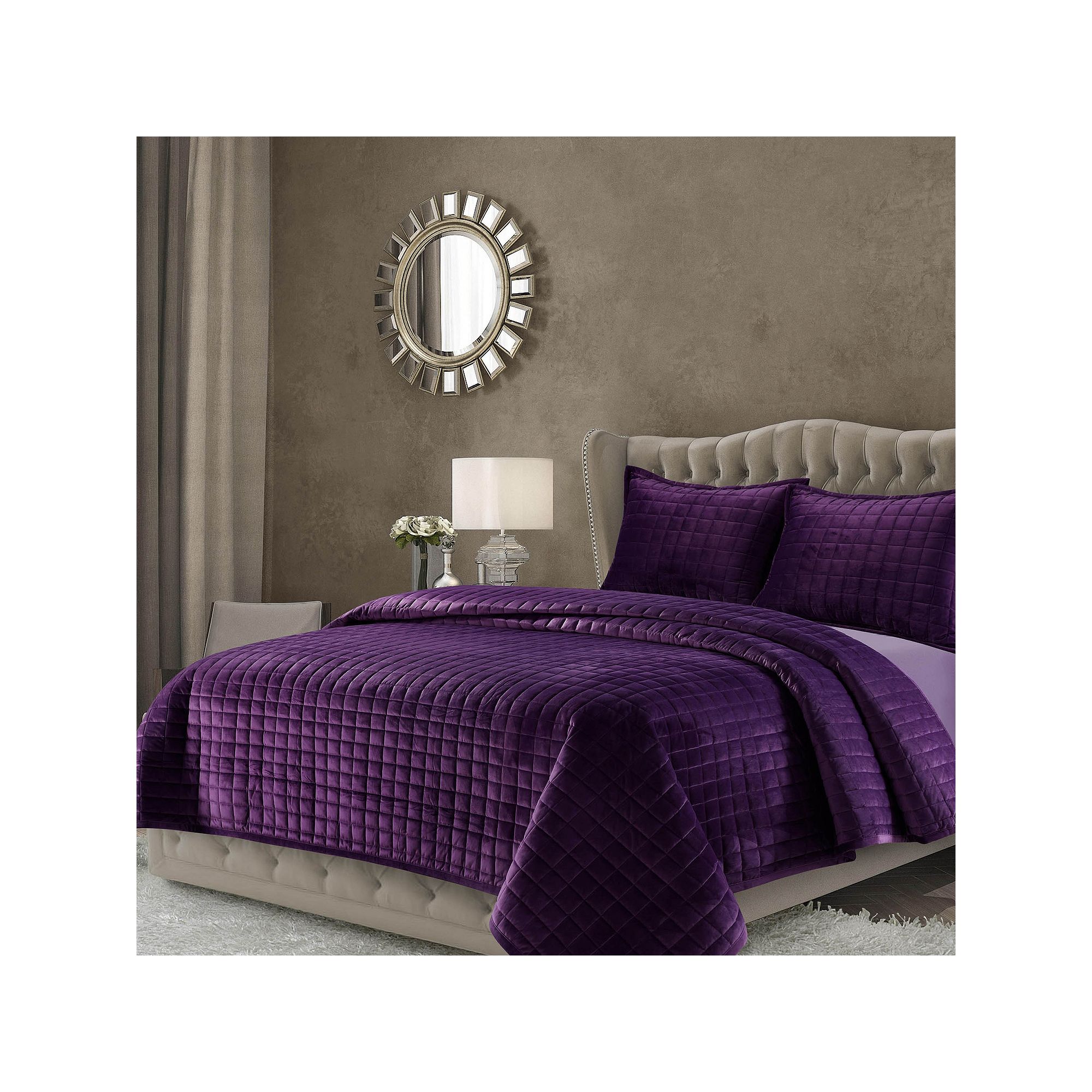 Tribeca Living Florence Velvet Oversized Solid Quilt Set, Dark Purple
