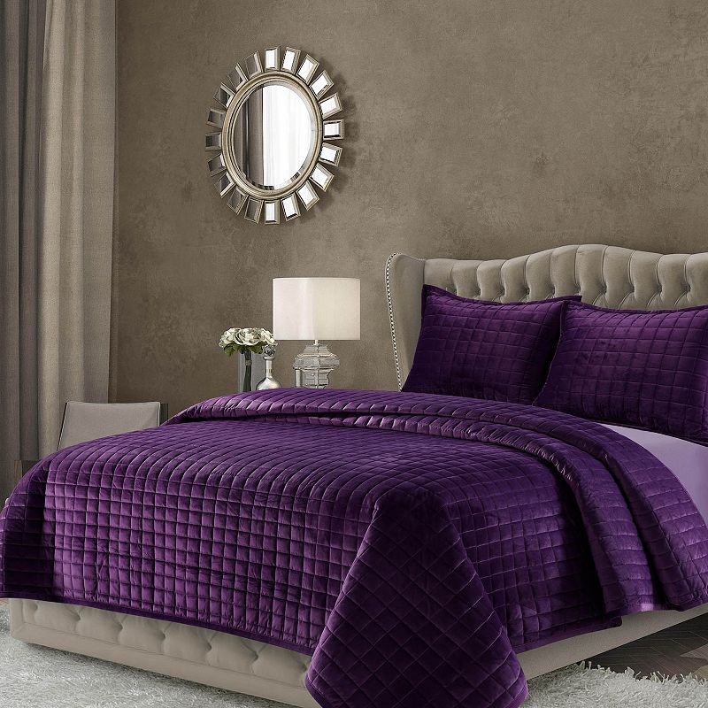 Tribeca Living Florence Velvet Oversized Solid Quilt Set, Drk Purple, Twin